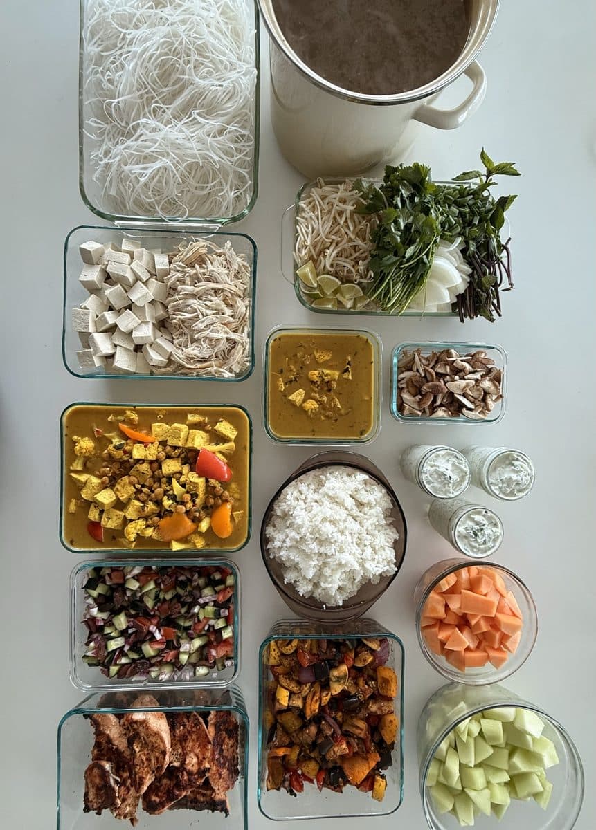 A Vietnamese spread: rice noodles, broth, herbs, tofu and pickles