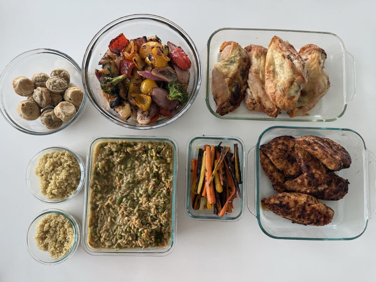 Prepped meals: roast chicken, meatballs, rice, roasted vegetables
