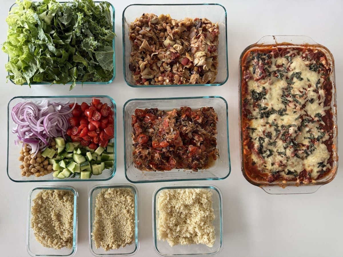 Prepped meals: baked pasta, shredded chicken, salads and grains