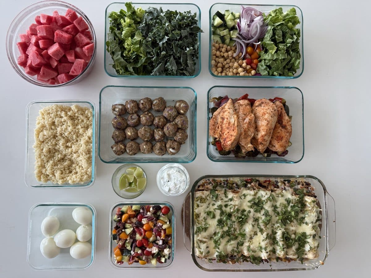 Prepped meals: stuffed vegetables, grain salad, mozzarella and greens