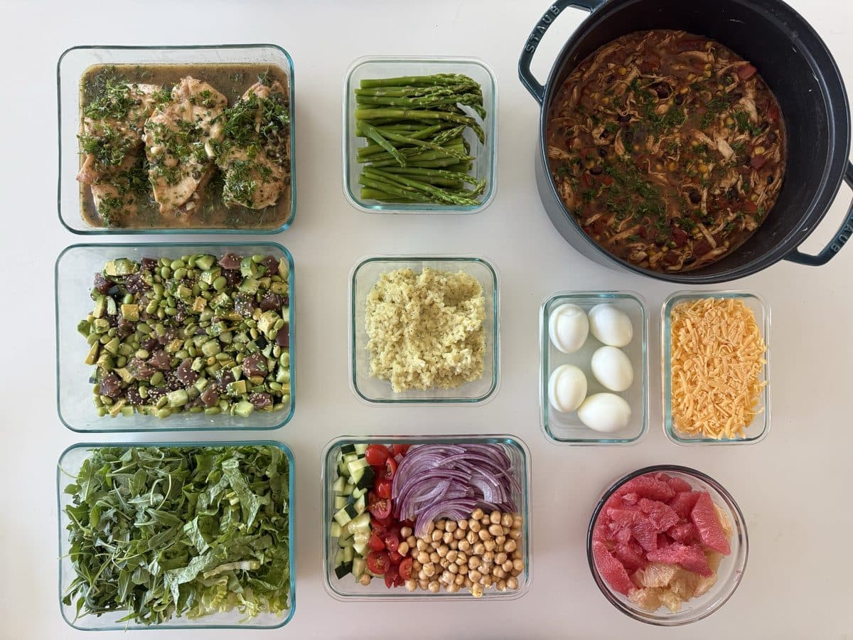 Prepped meals: salmon, green beans, grain salads and a braise
